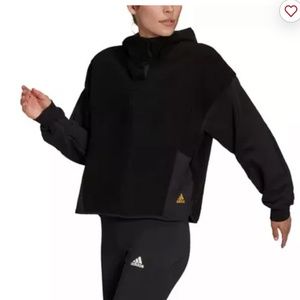 adidas Women's Essentials Golden Logo Black/Gold Sherpa Hoodie
